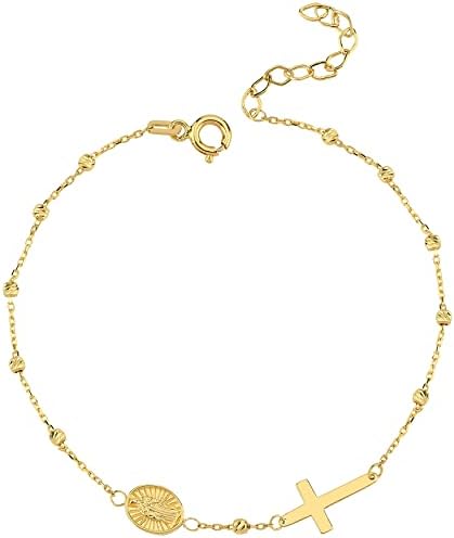 MIONZA Gold Plated Rosary Cross Bracelet for Women, Teen Girls | 14k Gold Adjustable Cross Bracelet | Gold Chain Bracelet Religious Charm | Christian Baptism Gift | Solid Gold and Gold Plated Options (Gold Plated Silver)