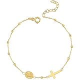 MIONZA Gold Plated Rosary Cross Bracelet for Women, Teen Girls | 14k Gold Adjustable Cross Bracelet