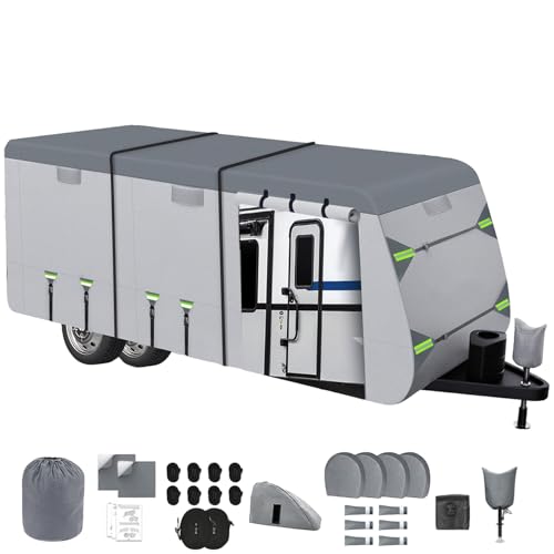 8-Layer Thickened RV Cover 20-22ft Ultra Windproof & Tear Resistant Travel Trailer Cover All-Weather Camper Cover with 8 Vents & 8+2 Extra Long Windproof Ropes and Complete Kit