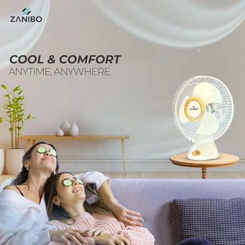 Image of Zanibo Table Fan 400 MM | Table Fans For Home & Office | Aerodynamically Balanced Blades| Aluminum Motor | 2100 RPM High Air Delivery | 3-Speed Control |1-Yr Warranty (I-Cool-1200), White