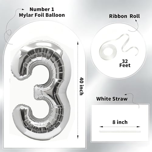 Image of Number Balloons Silver Party Balloon - Giant Number 3 Balloon, 40 Inch Large Balloon for Birthday Decorations, Silver Party Supplies for Anniversary