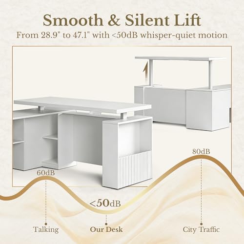 Image of 63 Inches L Shaped Electric Standing Desk, Height Adjustable Executive Desk with Drawers and File Cabinet, AC /USB, 1.18 inch Desktop and Privacy Panel for Home Office, White