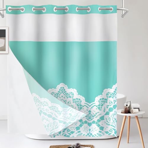 Shrahala Turquoise Robin's Egg Blue Shower Curtain with Snap in Liner Set, White Floral No Hooks Stall Curtain Waterproof for Bathtubs Magnetic Hem 71 X 86 in
