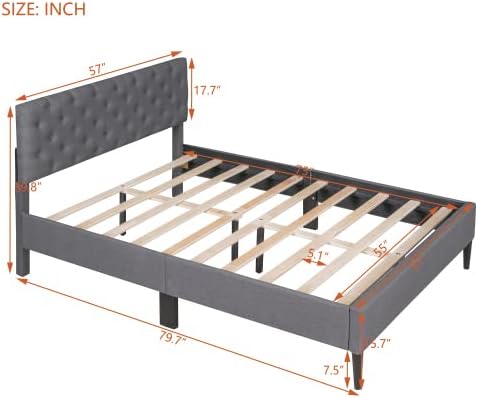Miniatura 30 de Marco de cama de plataforma de tamaño individual, marco de cama tapizado de lino de diseño moderno con cabecera copetuda, cama de almacenamiento,