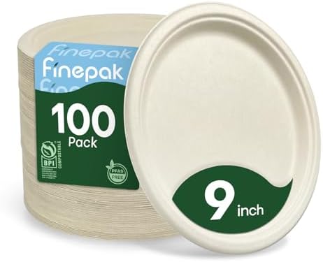Finepak Compostable Paper Plates 9 Inch，Heavy Duty Paper Plates 100 Pack, Disposable Plates Biodegradable Dinnerware for Everyday Use, Party, Family (Microwave Safe)