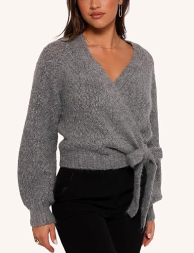 Esmeling Women Bow Tie Wrap Sweater V Neck Lantern Sleeves Knitwear Solid Pullover Cropped Cardigan4