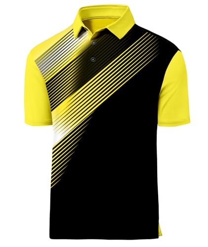 JACKETOWN Mens Polo Shirts Short Sleeve Print Dry Fit Performance Moisture Wicking Casual Collared Golf Shirts Black and Yellow