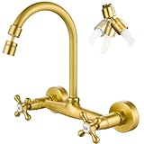 Airuida Wall Mount Kitchen Faucet with Sprayer Wall Mounted Kitchen Sink Faucet Double Cross Handles 360 Degree Swivel Spout Restaurant Mixer Tap Commercial 8 Inch Center Antique Brass