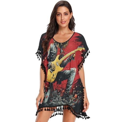 KAAVIYO Black Christmas Skull Guitar Women's Beach Cover Up Chiffon Tassel Swimwear Swimsuit Coverups for Girl