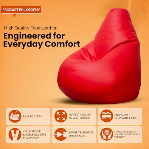 Image of Sattva Classic 4XL Bean Bag Chair with Beans Filled | Faux Leather Sofa Style Bin Bags Chair with Beans Filling | Comfort Beam Bag Sofa for Adults & Teens, Living Room & Office - Red