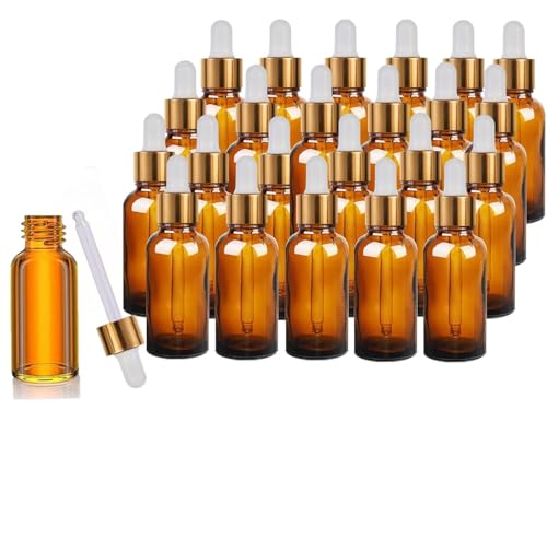 Image of Amber Glass Bottles with Dropper(30ml x 12Pcs) - Gold Ring | White Silicon Teat | Ideal for Essential Oils, DIY Oil Blends, Perfumes, Cosmetics, Beauty Products (Pack of 12)