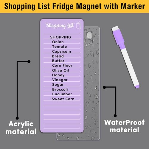 Image of Clickedin Magnetic Shopping List Grocery Fridge Magnet, 10x24 cm Acrylic Board with Marker (Purple)