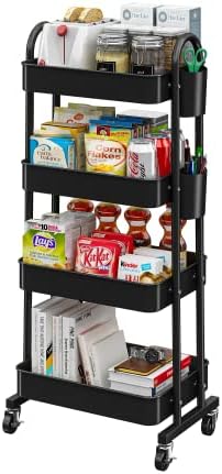 LEGUANG 4-Tier Rolling Utility Cart Storage Shelves Multifunction Storage Trolley Service Cart with Mesh Basket Handles and Wheels Easy Assembly for Bathroom, Kitchen, Office (Black)