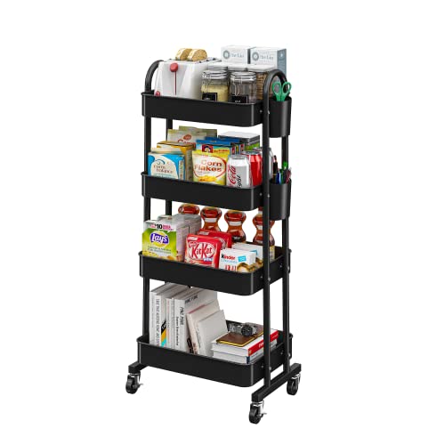 Leguang 4-Tier Rolling Utility Cart Storage Shelves Multifunction Storage Trolley Service Cart With Mesh Basket Handles And Wheels Easy Assembly For Bathroom, Kitchen, Office (Black) #TOP2