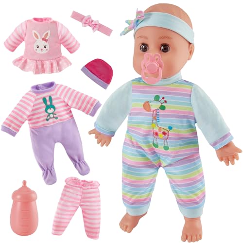 LINFUN KIDS Juguete Muñeca Blandito, Muñeco Bebe Accesorios con Funciones, 3 Trajes, Muñecas Que Come y Se Mueve Abre Ojitos Hace Sonidos de Bebé Regalo para Niños y Niñas de 3 4 5 Años