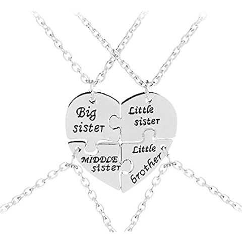Big Sister Little Sister Middle Sister Little Brother Puzzle Heart Pendant Necklace Set for 4 Cover