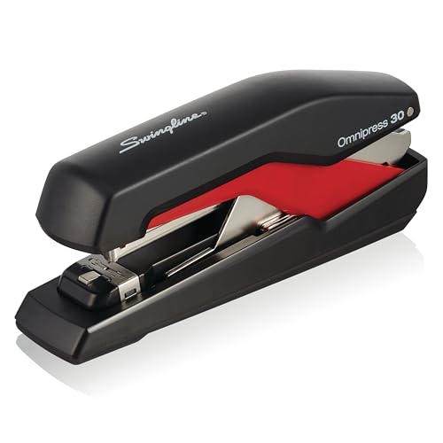 Swingline Stapler, Omnipress 30 Stapler, Press Anywhere for Easier Use, 30 Sheet Capacity, Black/Red (5000586A)