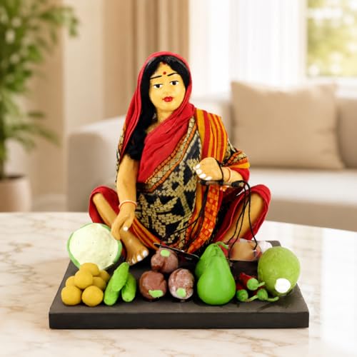Image of Krishnanagar Handmade Clay Woman Vegetable Seller Miniature Idol | Basic Terracotta Sitting Human Figurine | Traditional Indian Home Decor & Gift Showpiece