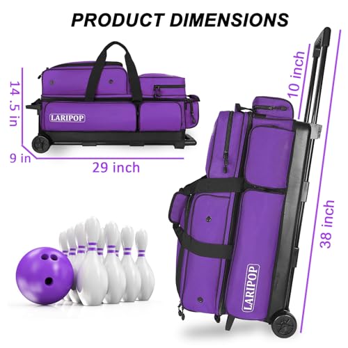LARIPOP 3 Ball Bowling Bag with Wheels and Shoe Compartment, Rolling Bowling Bag for 3 Balls, Heavy Duty Bowling Roller Bag with Retractable Handle for Men Women by LARIPOP - Image 2