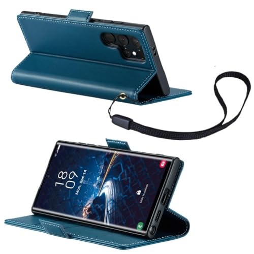 Image of Bracevor Deluxe Leather Flip Cover case for Samsung Galaxy S25 Ultra : Blue | Full Camera Cover | RFID Blocking Wallet Pockets | 360 Degree Protection