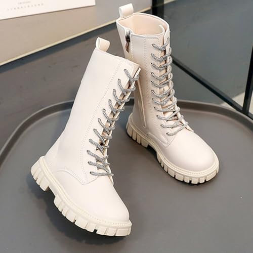 Girls Leather Lace Up Knee High Boots with Side Zipper Fashion Round Toe Low Heel Mid Calf Combat Riding Boots Winter Tall Boots Dress Princess Shoes4