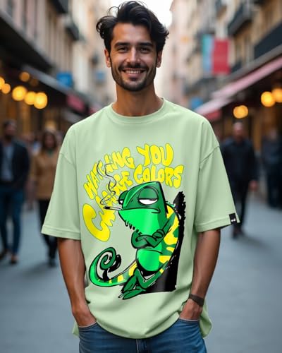 Image of Bewakoof Men's Watching You Change Colours Graphic Printed 100% Cotton T-Shirt - Oversized Fit, Round Neck, Half Sleeves