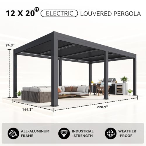 Image of MELLCOM Motorized Louvered Pergola 12x20, Solar & Electric Powered with LED Lights and 6 Side Screens, Aluminum Adjustable Louvered Roof, Weatherproof Outdoor Shelter