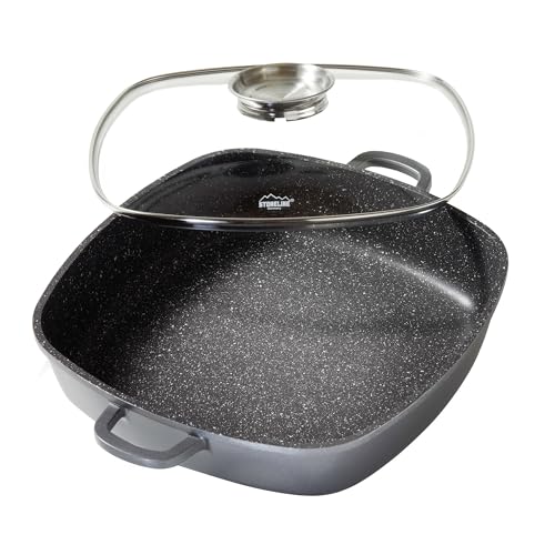 STONELINE Servierpfanne Eckig 32 cm, Pfanne Induktion mit Deckel, Aroma Funktion, Aluguss, Antihaft Pfanne Beschichtet mit echten Steinpartikeln, Für alle Herdarten, Backofen, Grau
