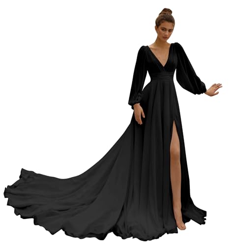 Beach Long Sleeve Wedding Dresses for Bride V Neck Empire Waist Slit A Line Chiffon Bridal Gown with Train