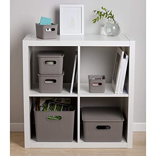 Superio Ribbed Collection - Decorative Plastic Lidded Home Storage Bins Organizer Baskets, Medium Taupe (1 Pack - 5 Liter) Stackable Container Box, For Organizing Closet Shelves Drawer Shelf #TOP5
