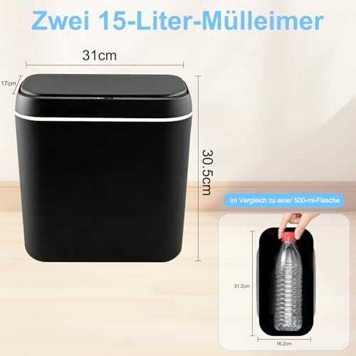 HELILBSRIAIN Elektrischer Mülleimer 2er-Set,15L Mülleimer mit Sensor mülleimer, schlankes schmales Design, leise und wasserdicht, ideal für kleine Räume wie Schlafzimmer,