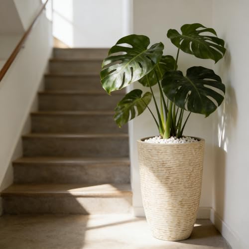 Worth 9 Gallon Tall Round Planters Set of 2-14" Dia x 21" H Stone Finish Flower Pots Indoor Decorative Container Garden Patio Unbreakable Beige - Thumbnail 3