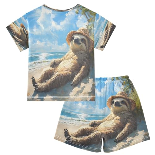 ALAZA Sloth Sky Ocean Sea Pajamas Set Short Sleeve Cotton Sleepwear Summer Pjs 2 Piece 5-14Y2