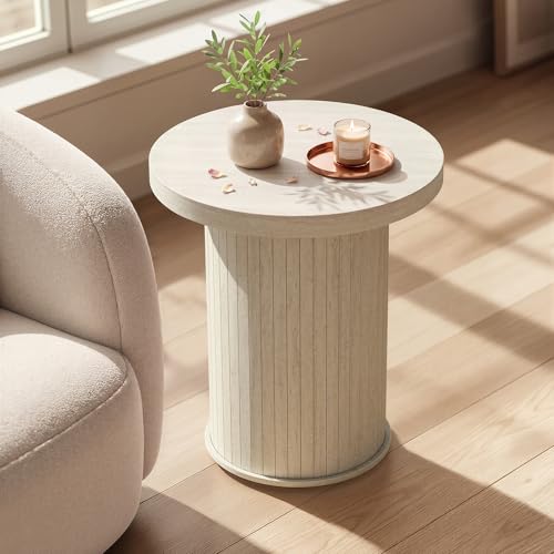 VASAGLE Round Side Table Tambour End Table Mid Century Modern Nightstand Easy Assembly for Small Spaces Living Room Bedroom Home Office 17.7 x 19.7 Inches Travertine Beige ULET295L101