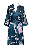 KIM+ONO Satin Kimono Robe Short - Chrysanthemum & Crane - Navy (Blue)