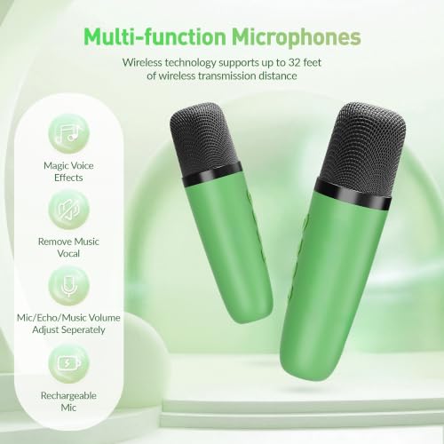 Image of Mini Karaoke Machine:Portable Bluetooth Karaoke Microphone, Singing Speaker with 2 Wireless Mic and Light Kids Adults, Christmas Birthday Gifts for Girls Boys Family Home Party(Green)