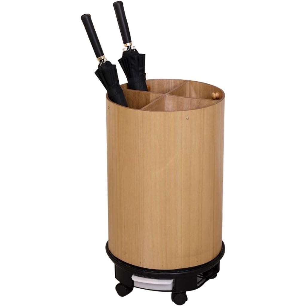 SBJKLYRN umbrella stand, Indoor Round Wooden Umbrella Stand, Movable Household, With Hook And Drain Tray(A)