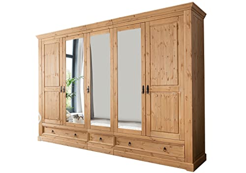 möbelando Kleiderschrank SZ-0079 aus Kiefernholz geölt und gebeizt in Eiche mit 3 Schubladen und 5 Türen. Abmessungen (BxHxT) 310x215x62 cm