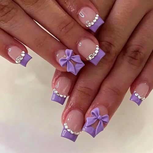 Purple French Tip Press on Nails Square Fake Nails with Rhinestone Designs Medium Nails Press ons Bow Full Cover Stick on Nails Soft Artificial Acrylic Nails 24Pcs 12 Size Women Girls Art Kit