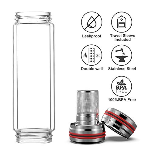 Bine 14Oz Glass Tea Infuser Bottle Tumbler Strainer For Loose Leaf, Herbal, Green Or Ice Tea Cold Brew Coffee Mug Or Fruit Infusion Hot Or Cold Water Travel Bottle Free Travel Sleeve #TOP2