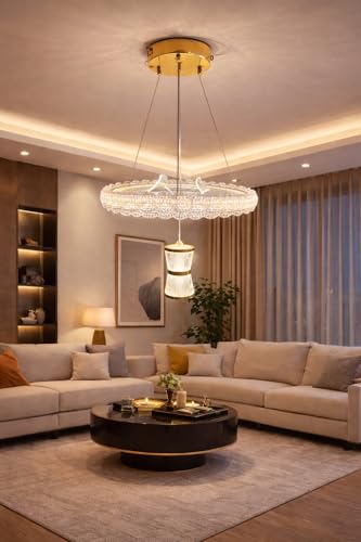 Image of Modern Luxury Stylish LED Crystal Ring Gold Finish with 3 Different Color Mode (Warm White, Cool White, Neutral White) Chandelier with Height Adjustable Hanging for Bedroom, Living, Dining,