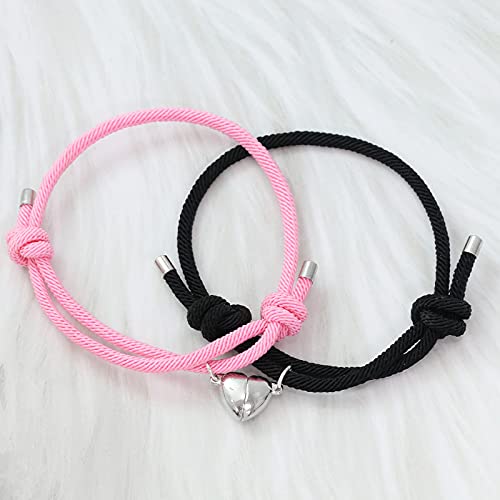 Dlihc 2Pcs Couples Bracelets For Women Men, Heart Bracelets For Couples, Black And Pink Matching Bracelets For Best Friend Boyfriend And Girlfriend #TOP2