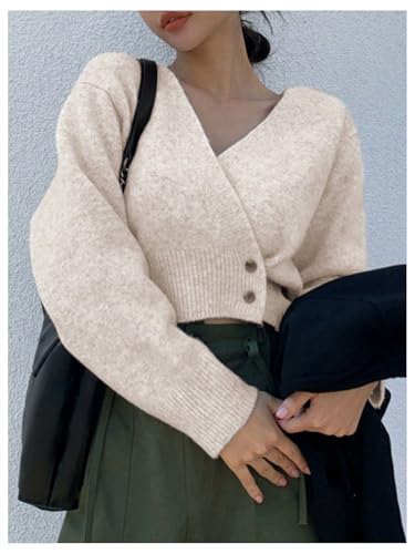Image of WDIRARA Women's Wrap V Neck Sweater Button Front Long Sleeve Crop Knitted Top