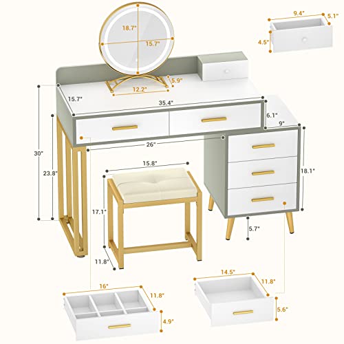 Vanity Desk with Mirror and Lights, Makeup Vanity Table Set with 6 Storage Drawers, Stool and Divided Organizers, Dressing Table with 3 Color Lighting Options for Women Girls, White and Cyan