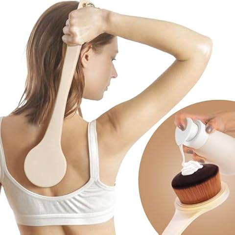 Lotion Applicator For Back &Body, Long Handle Curved, Back Applicator Lotion, Ultra Soft Bristles for Ultimate Comfy, Easy Reach Washable, Sturdy Back Brush Applicators, Self Tanne For All Skin, Beige Cover