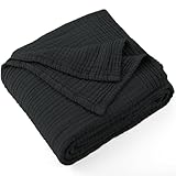 Carriediosa 100% Cotton Muslin Throw Blanket 70' X 80' Twin Size，4-Layers Summer Gauze Throws for Bed Couch，Soft Lightweight Breathable Linen Blankets Bedspread for Adults All Season，Black