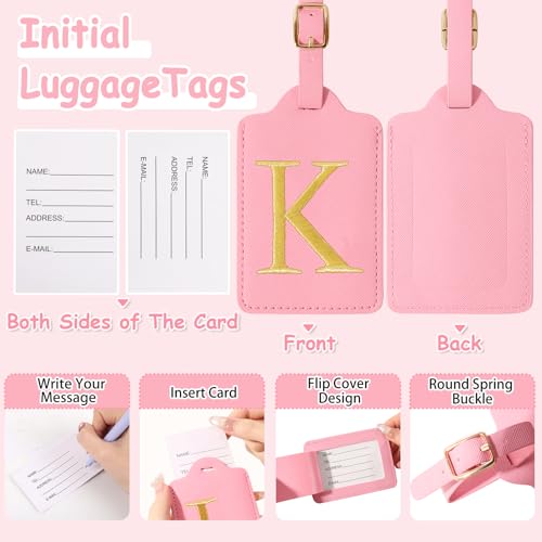 Image of Personalized Initial Luggage Tags for Suitcases, Cute PU Leather Embroidered Letter Travel Luggage Tags, Suitcase Identifier Name Baggage Tag, Bag Tags for Men Women Kids Luggage Handbags(Pink K)