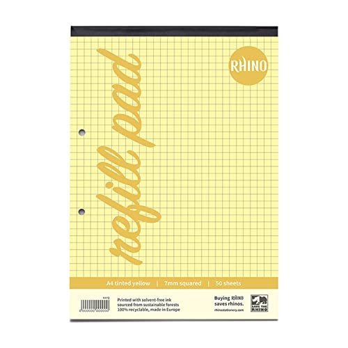 RHINO A4 Refill Pad, Writing Pad, 100-Page / 7mm Squared, 1-Pack, Yellow Squared Writing Paper for Dyslexia & SEN, Office & School Stationery Supplies