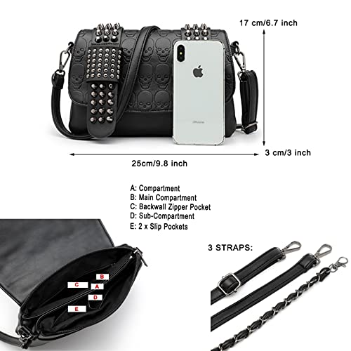 Uulmbuj Women Shoulder Crossbody Bag Punk Skull Rivet Purse, Gothic Clutch Handbags With Chain Shoulder Strap #TOP2