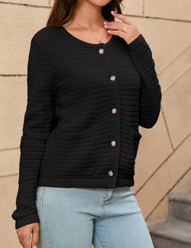 Image of Women's Button Down Cardigan Sweater Chunky Open Front Crew Neck Causal Long Sleeve Knit Outwear with Pockets